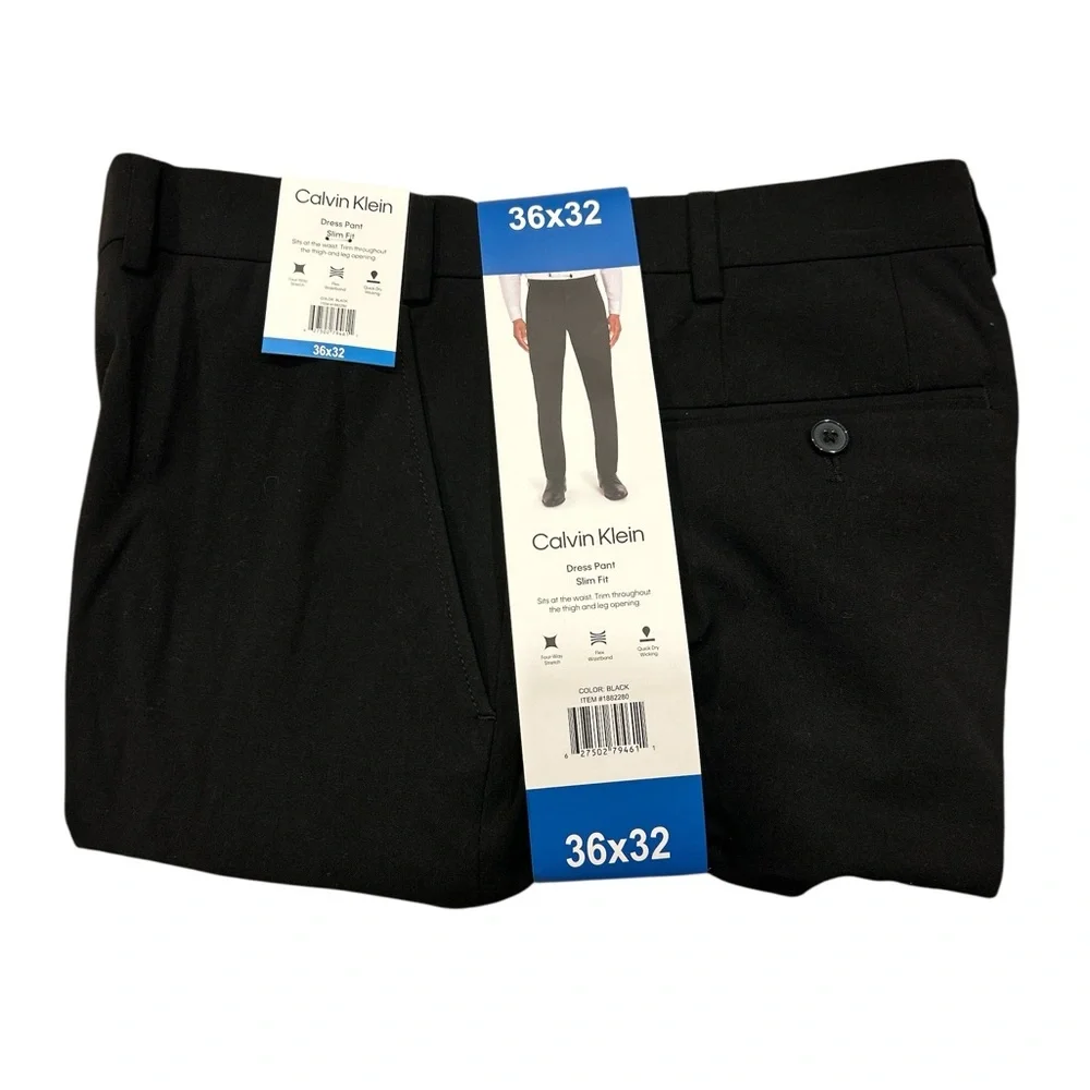Calvin Klein Mens Slim Fit Dress Pants Black 36x32 Four-Way Stretch 1882280